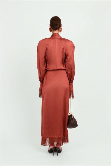 Satin Raglan Long Dress with Fringes