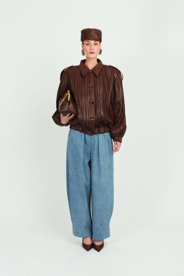 Pleated Eco-leather Short Bomber