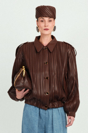 Pleated Eco-leather Short Bomber