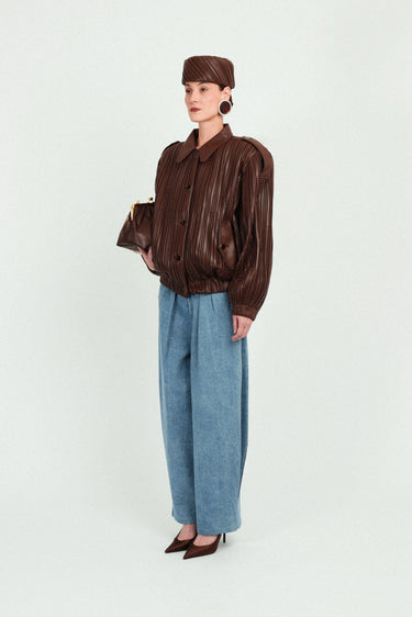 Pleated Eco-leather Short Bomber