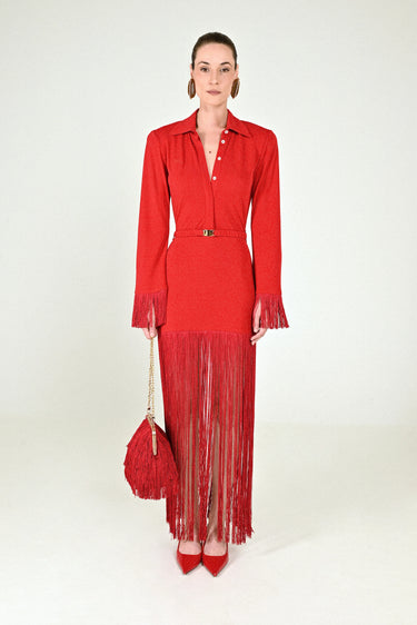 Long Sleeves Jersey Polo Dress with Fringe Skirt