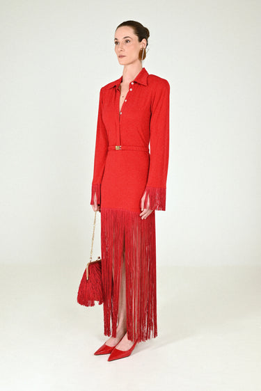 Long Sleeves Jersey Polo Dress with Fringe Skirt