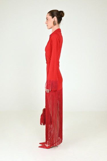 Long Sleeves Jersey Polo Dress with Fringe Skirt