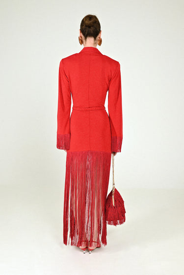 Long Sleeves Jersey Polo Dress with Fringe Skirt