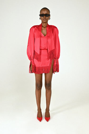 Satin Raglan Mini Dress with Fringes