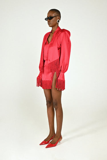 Satin Raglan Mini Dress with Fringes
