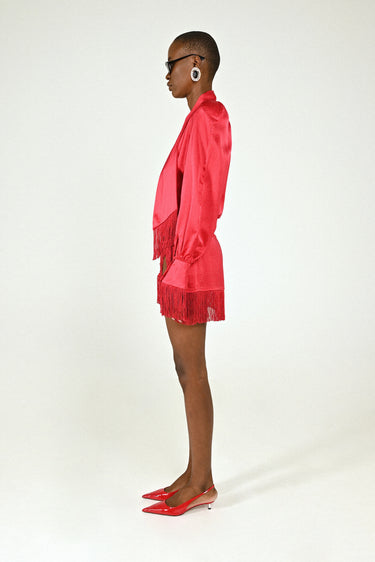 Satin Raglan Mini Dress with Fringes