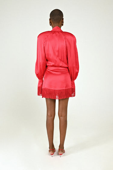 Satin Raglan Mini Dress with Fringes