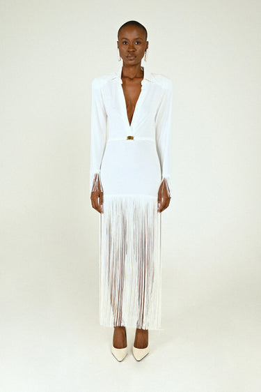 white long sleeve fringe dress Short Beaded Fringe Mini Dress with Sheer Sleeves 48152