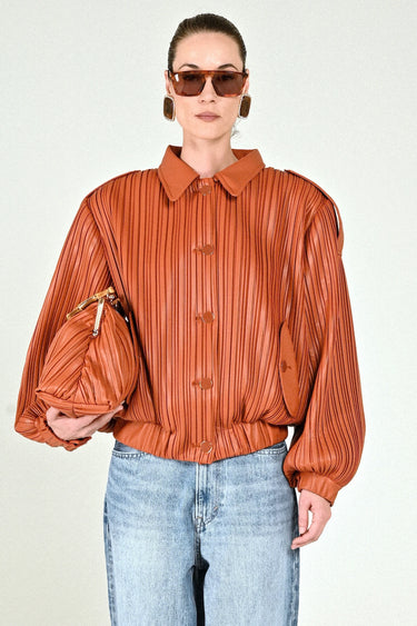 Pleated Eco-leather Short Bomber
