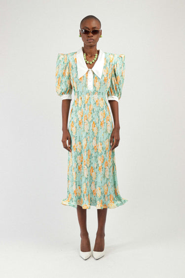 georgette pleated dress Crepe HAND PLEATED SILK GEORGETTE A-LINE DRESS Yellow / 34 / Crepe