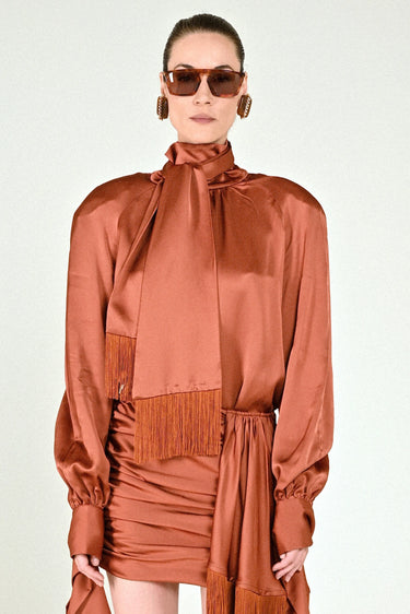 Blouse with Bow Neck and Fringes